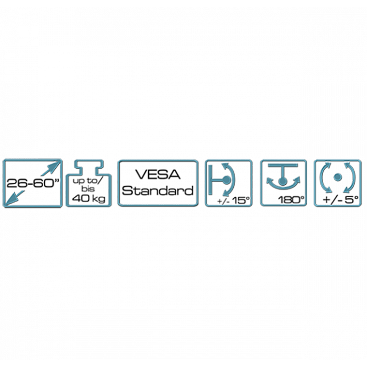 Per schermi 26-60", fino a 40 kg, standard VESA, +/-15° inclinazione, 180° rotazione, +/-5° pivot.