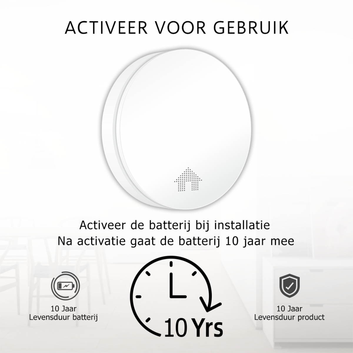 Un dispositivo bianco con testo sulla durata della batteria di 10 anni.