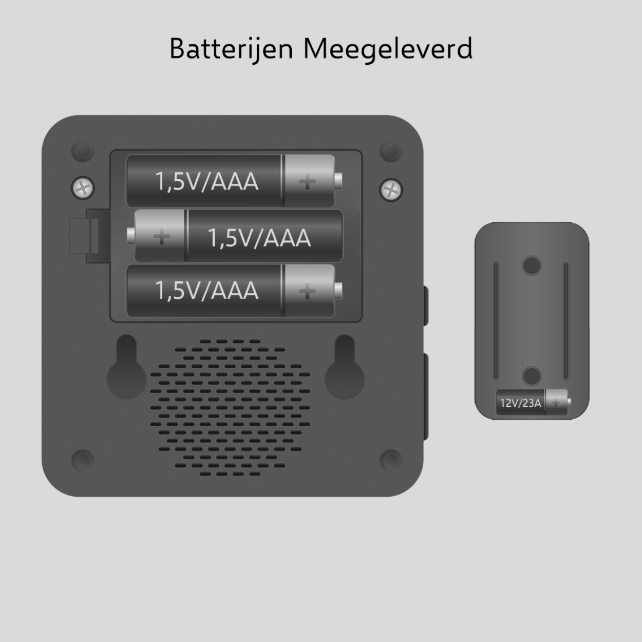 Tre batterie AAA e una batteria da 12V/23A affiancate su sfondo grigio.