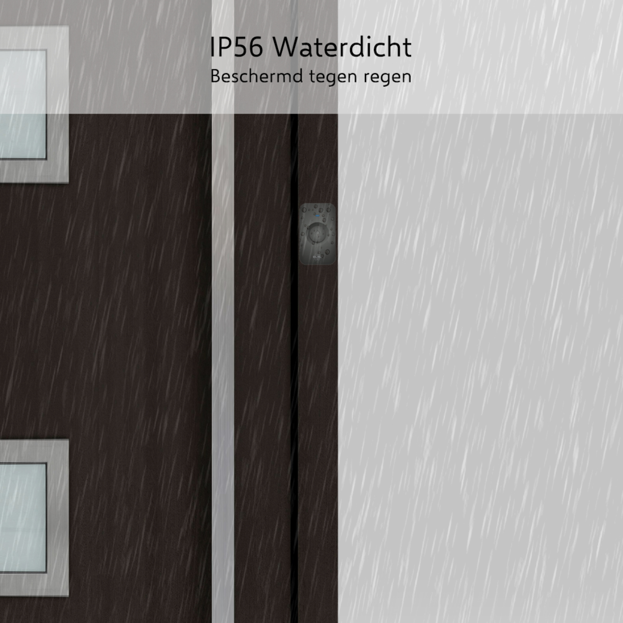 Un telaio di porta scuro con un piccolo dispositivo grigio e pioggia.