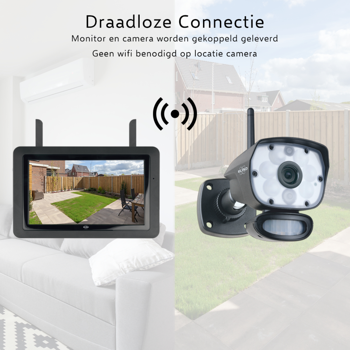 Monitor mostra vista giardino, telecamera di sicurezza accanto. Connessione wireless.