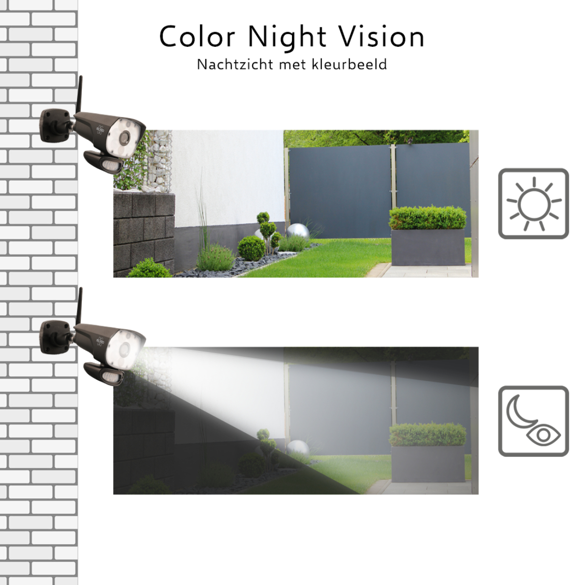 Telecamera di sicurezza mostra giardino di giorno e notte, con visione a colori e notturna.