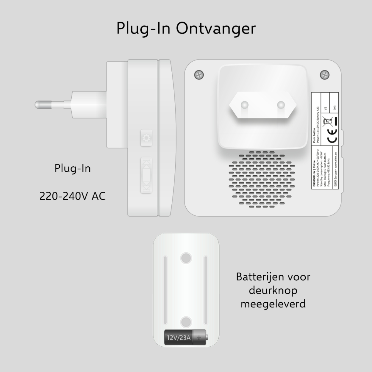 Un ricevitore bianco per campanello plug-in e una batteria per il trasmettitore.