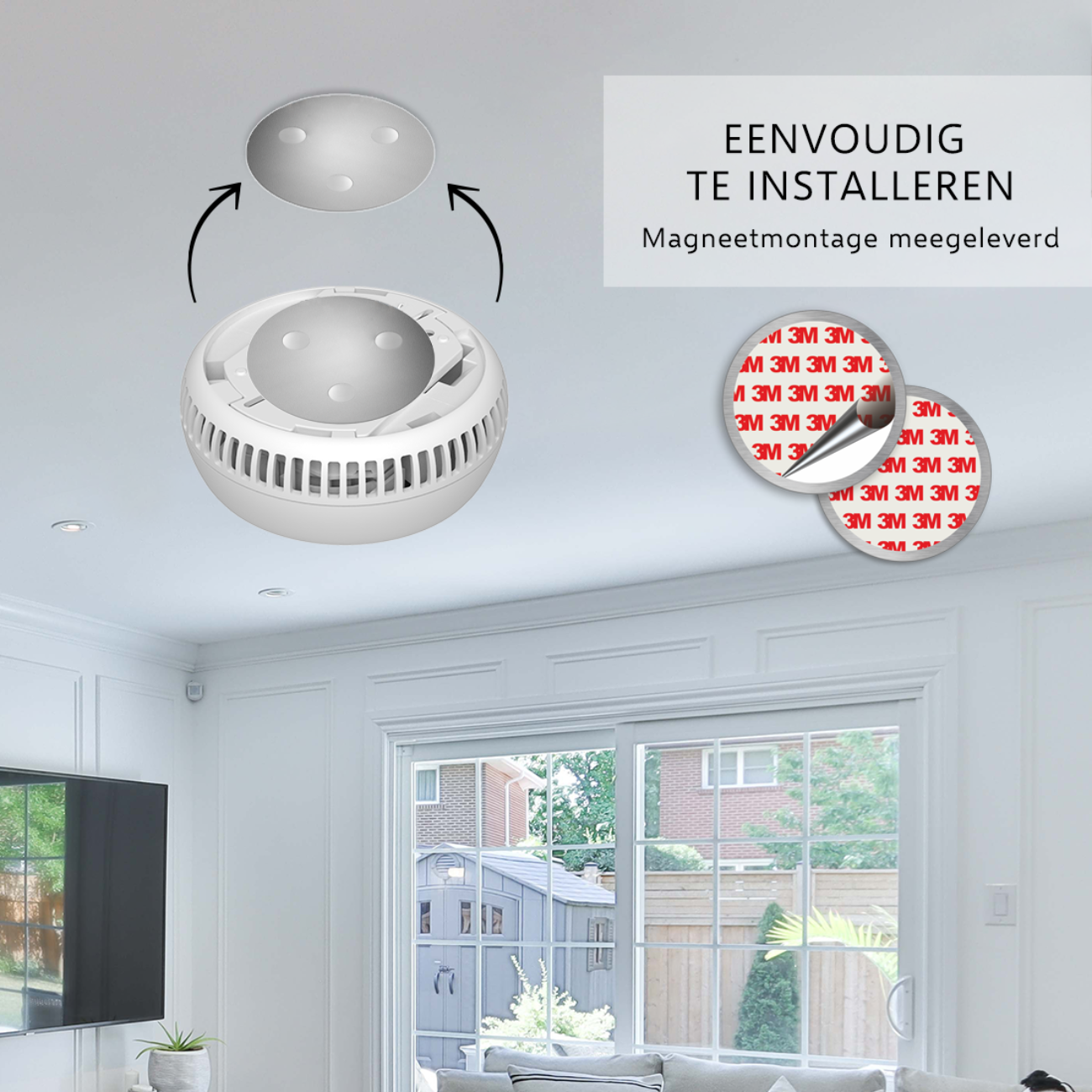 Un rilevatore di fumo bianco è montato su un soffitto con cuscinetti adesivi.