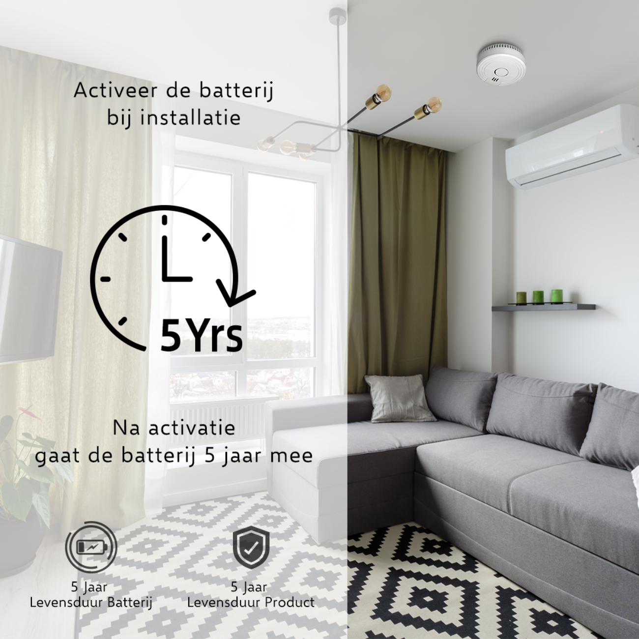 Rilevatore fumo su soffitto, divano, aria condizionata. Batteria dura 5 anni.