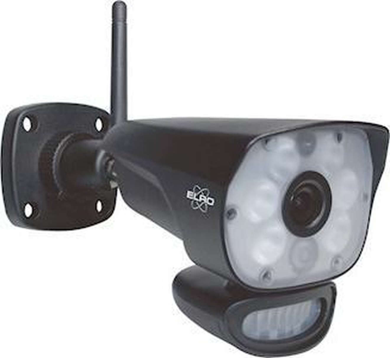 Una telecamera di sicurezza nera con antenna e sensore di movimento.