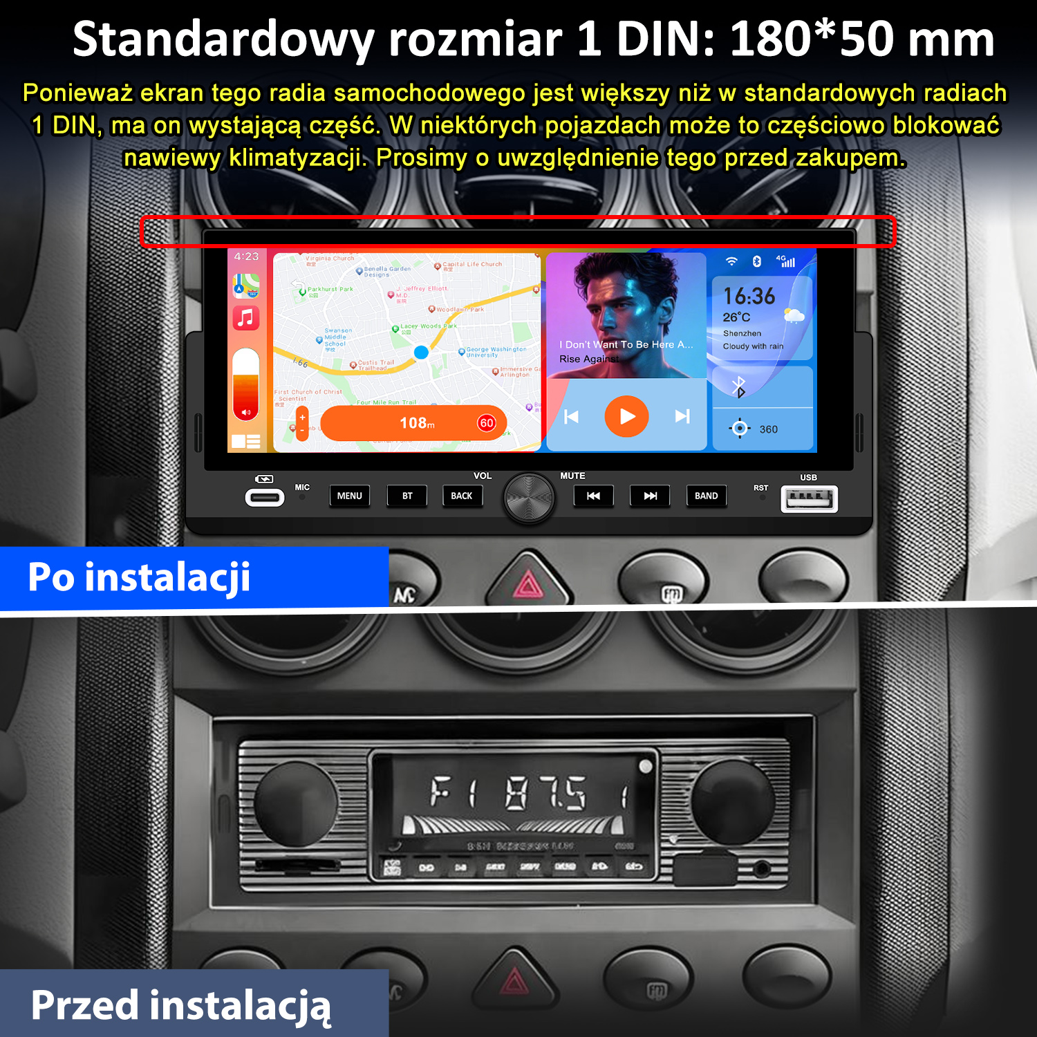 Ekran radia samochodowego przed i po instalacji.