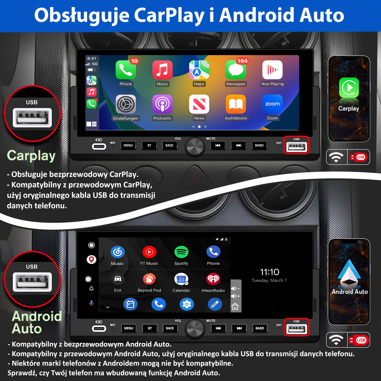 Ekran pokazujący interfejsy CarPlay i Android Auto, z portami USB i ikonami telefonów.