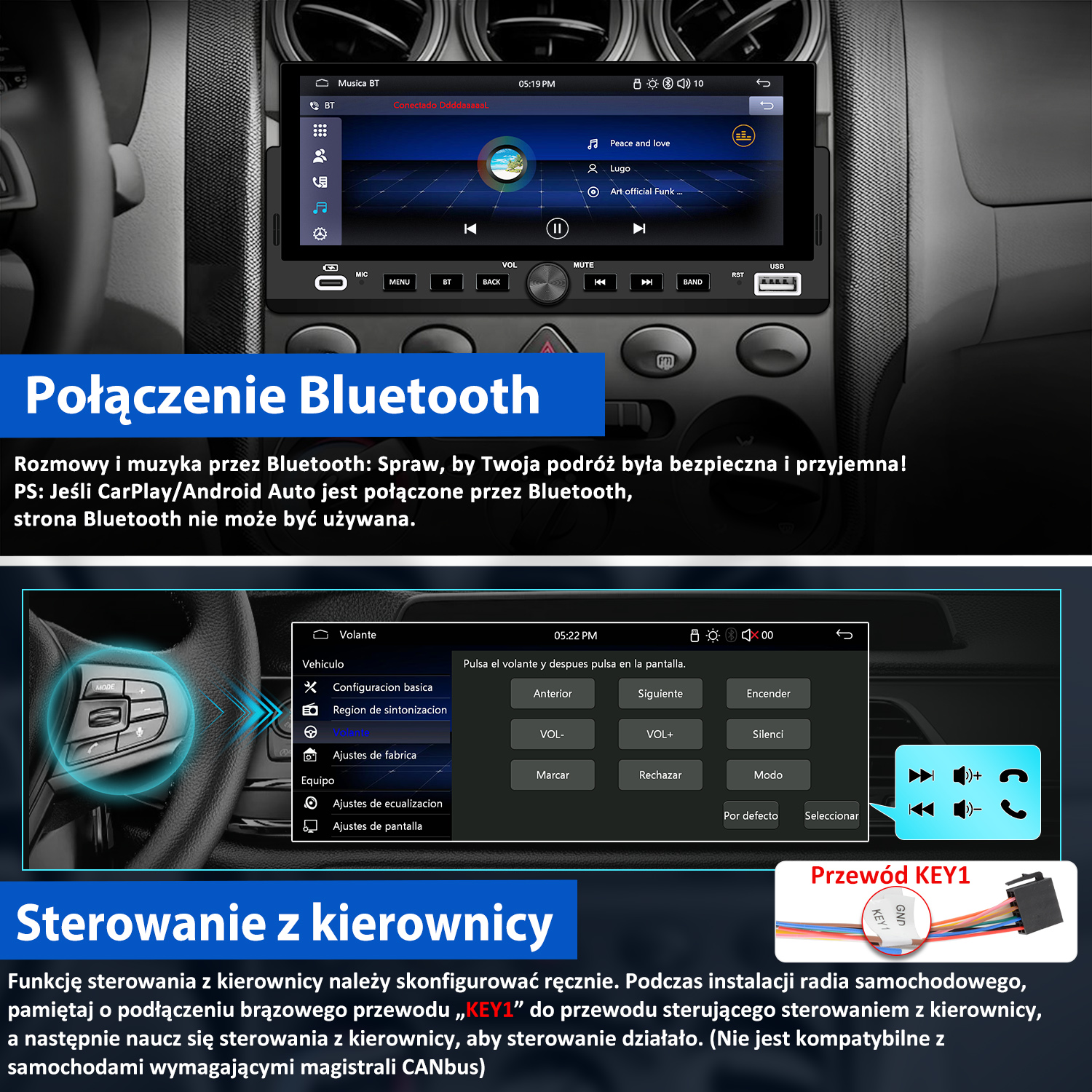 Ekran radia samochodowego pokazuje menu Bluetooth i opcje sterowania kierownicą.