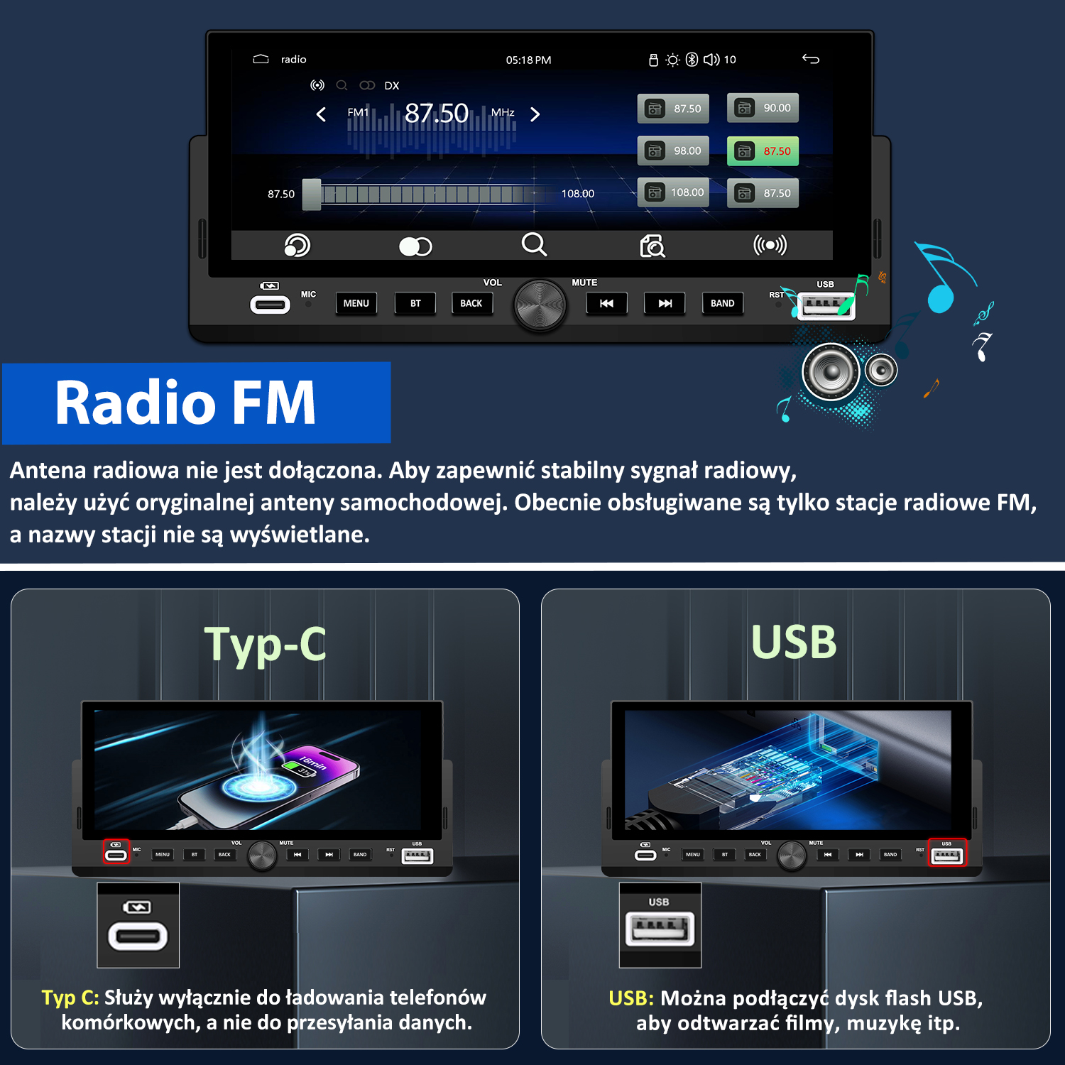 Radio samochodowe z funkcją FM, portami Type-C i USB.