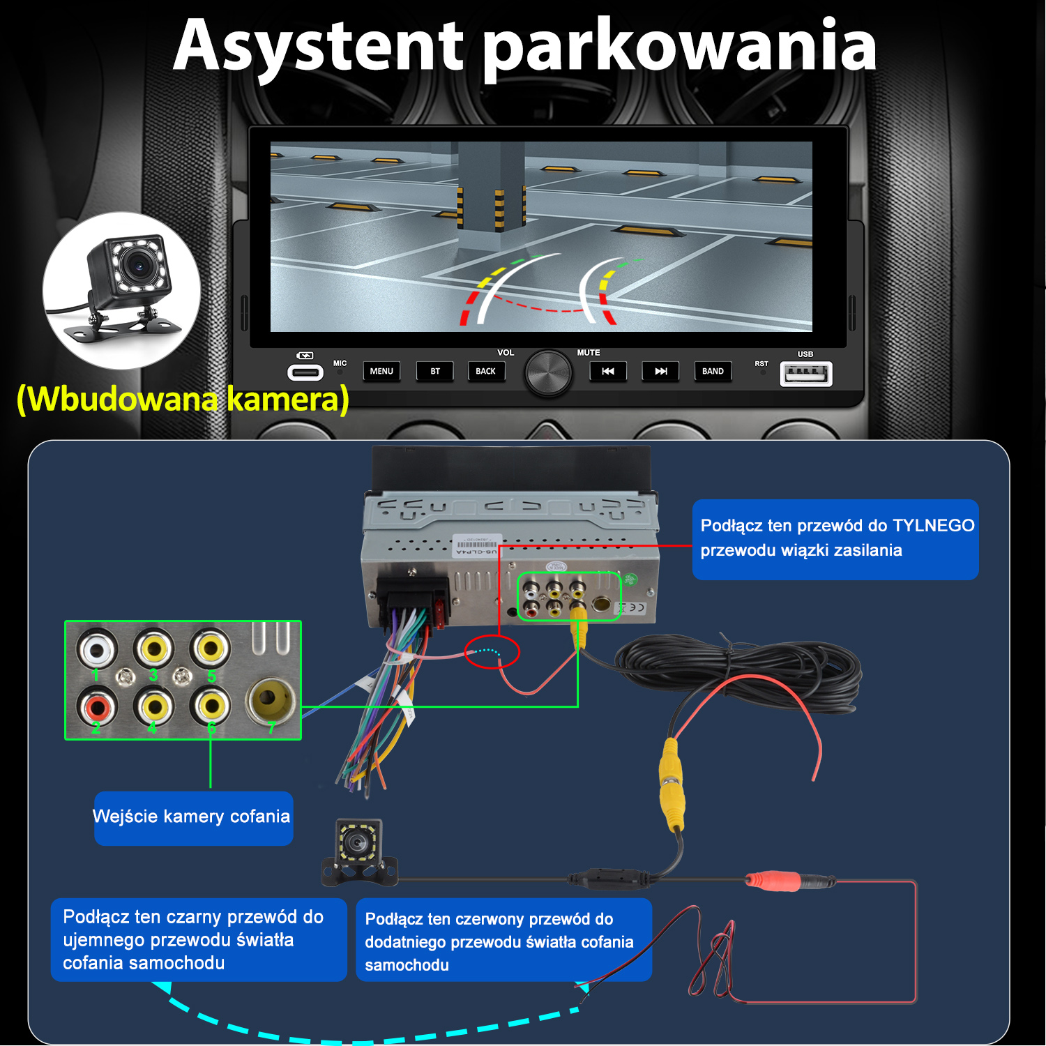 Instrukcja montażu kamery cofania i radia samochodowego z diagramem.