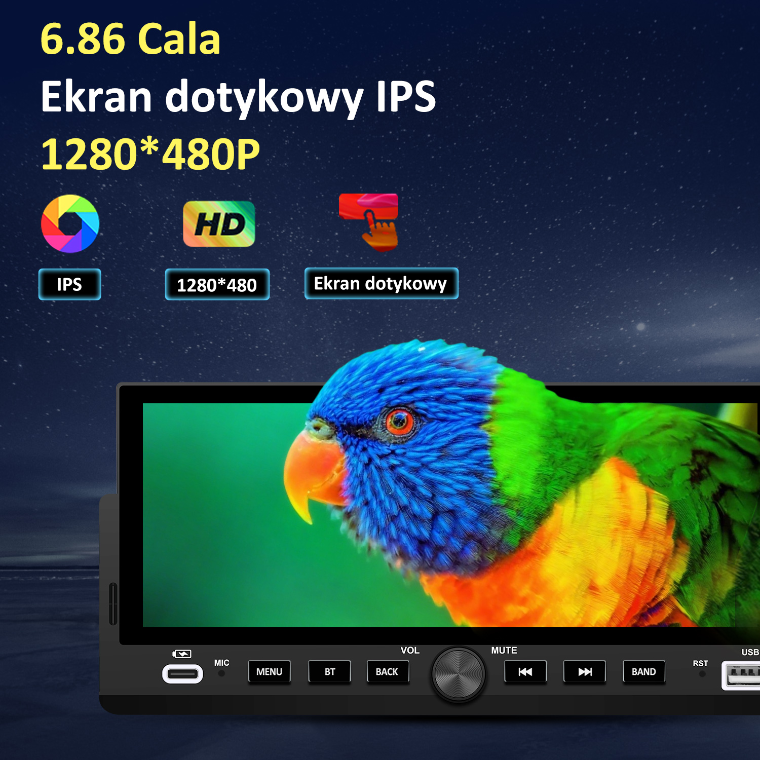 Kolorowa papuga na ekranie z tekstem o IPS, HD i rozdzielczości.