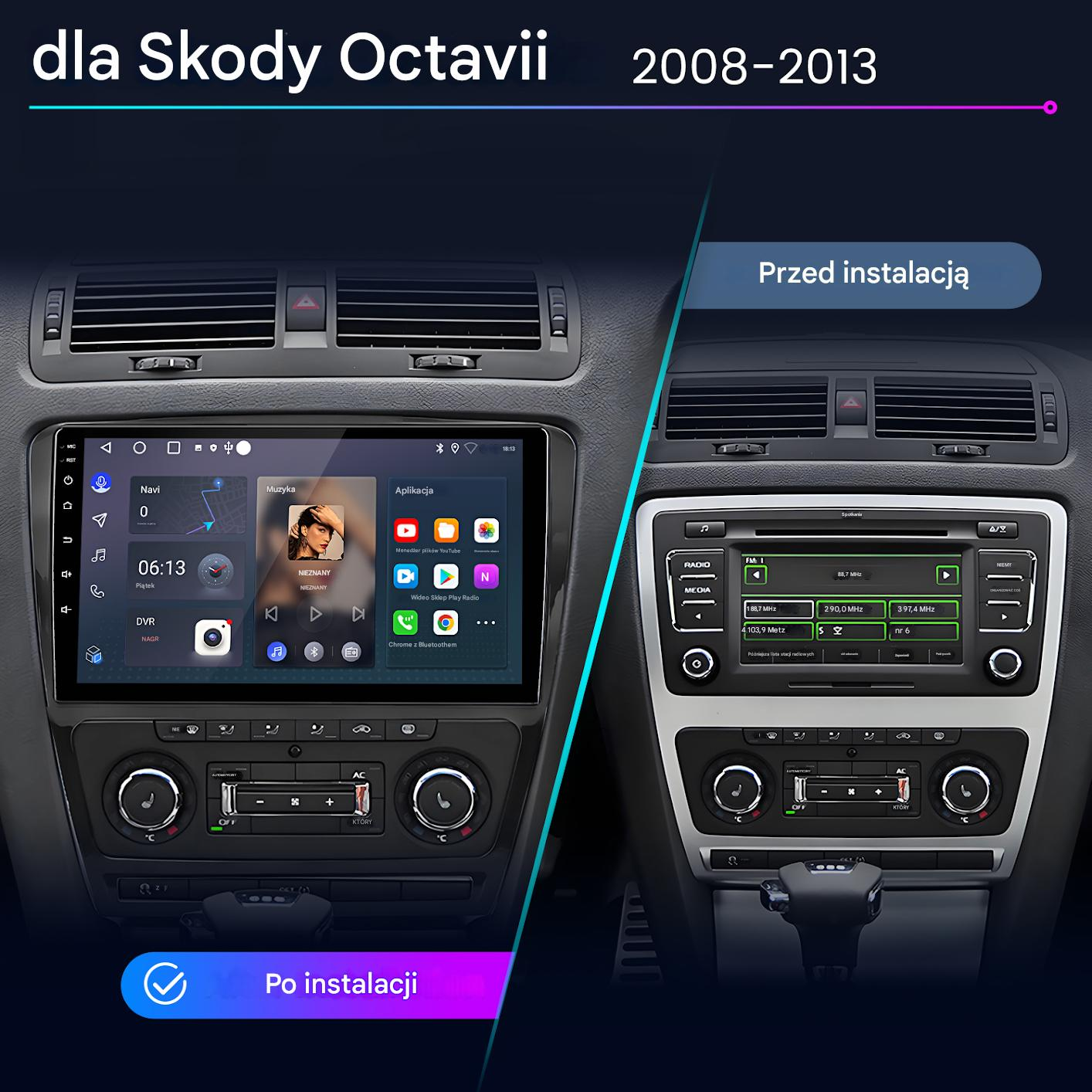Porównanie radia samochodowego Skoda Octavia, przed i po instalacji.