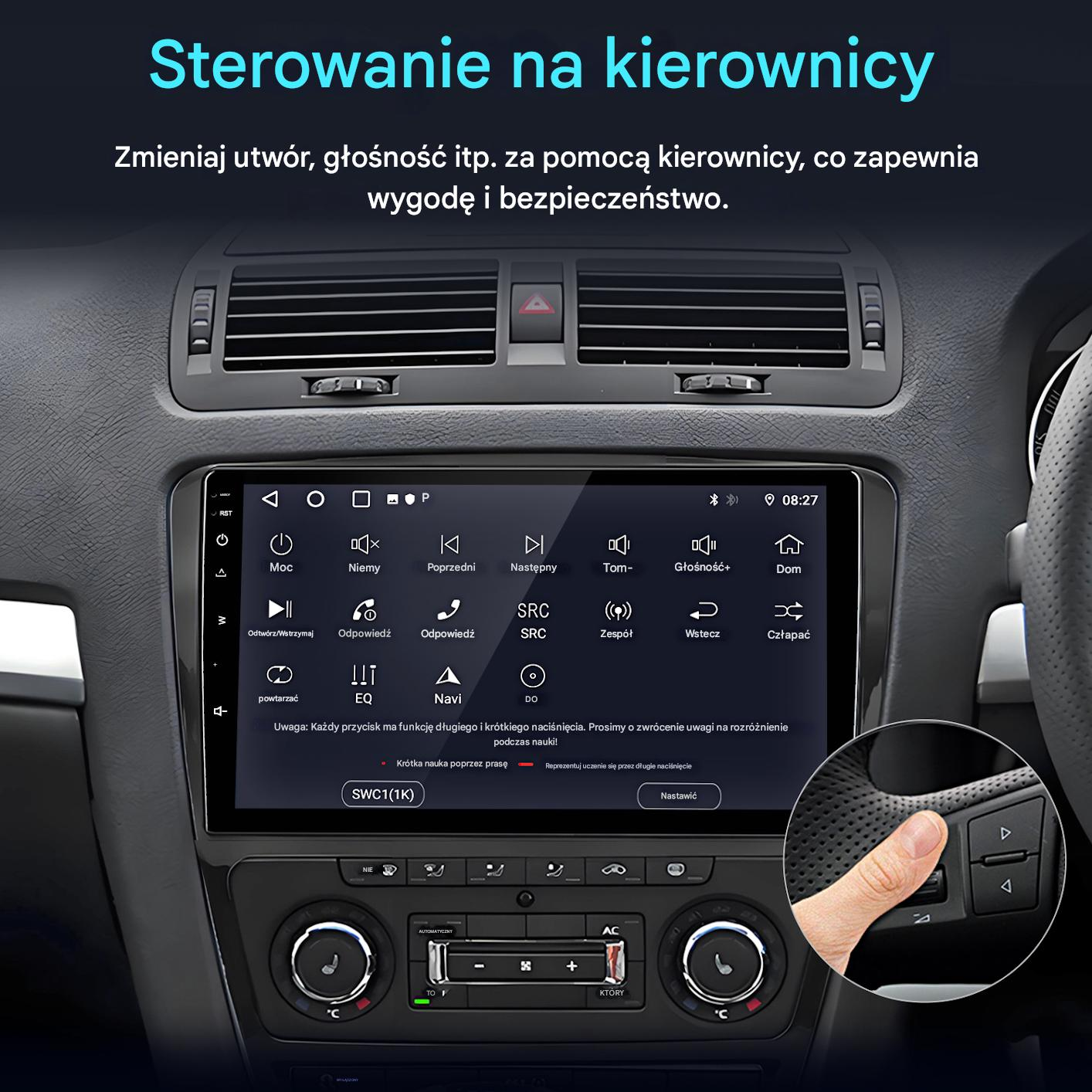 Palec obsługuje ekran radia samochodowego i przyciski na kierownicy do muzyki i nawigacji.