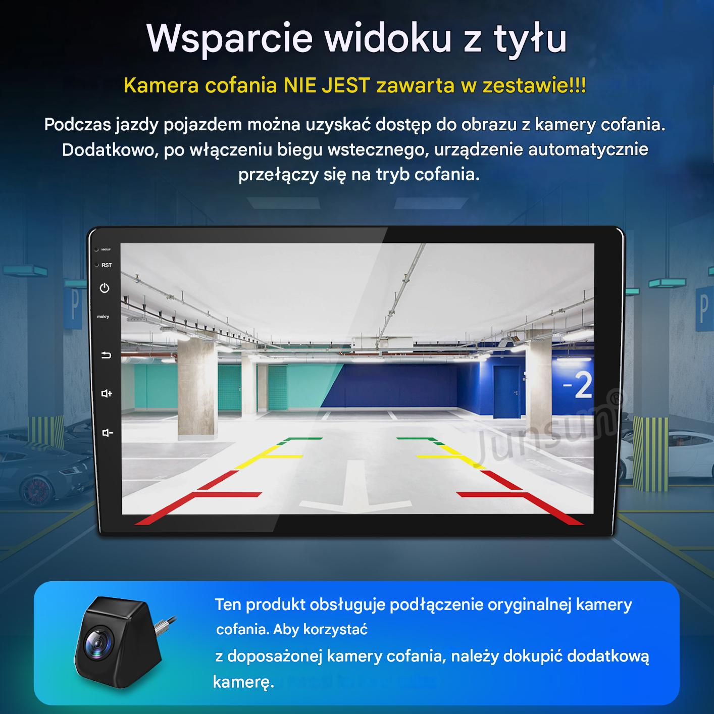 Radio samochodowe wyświetla widok z tyłu parkingu z liniami pomocniczymi.