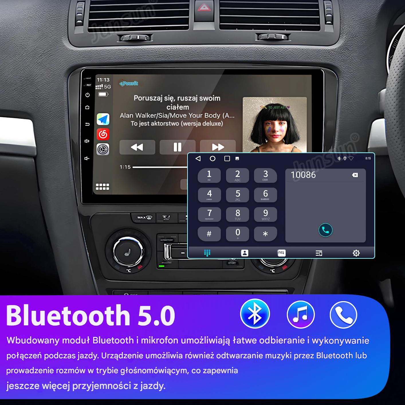 System infotainment samochodu z muzyką i klawiaturą telefonu.