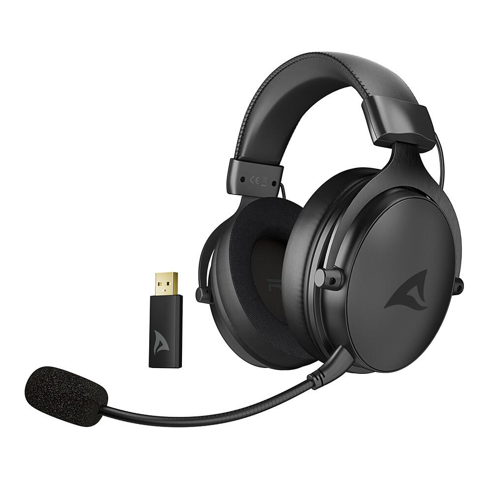 Cuffie da gaming nere con microfono staccabile e dongle USB su sfondo bianco.