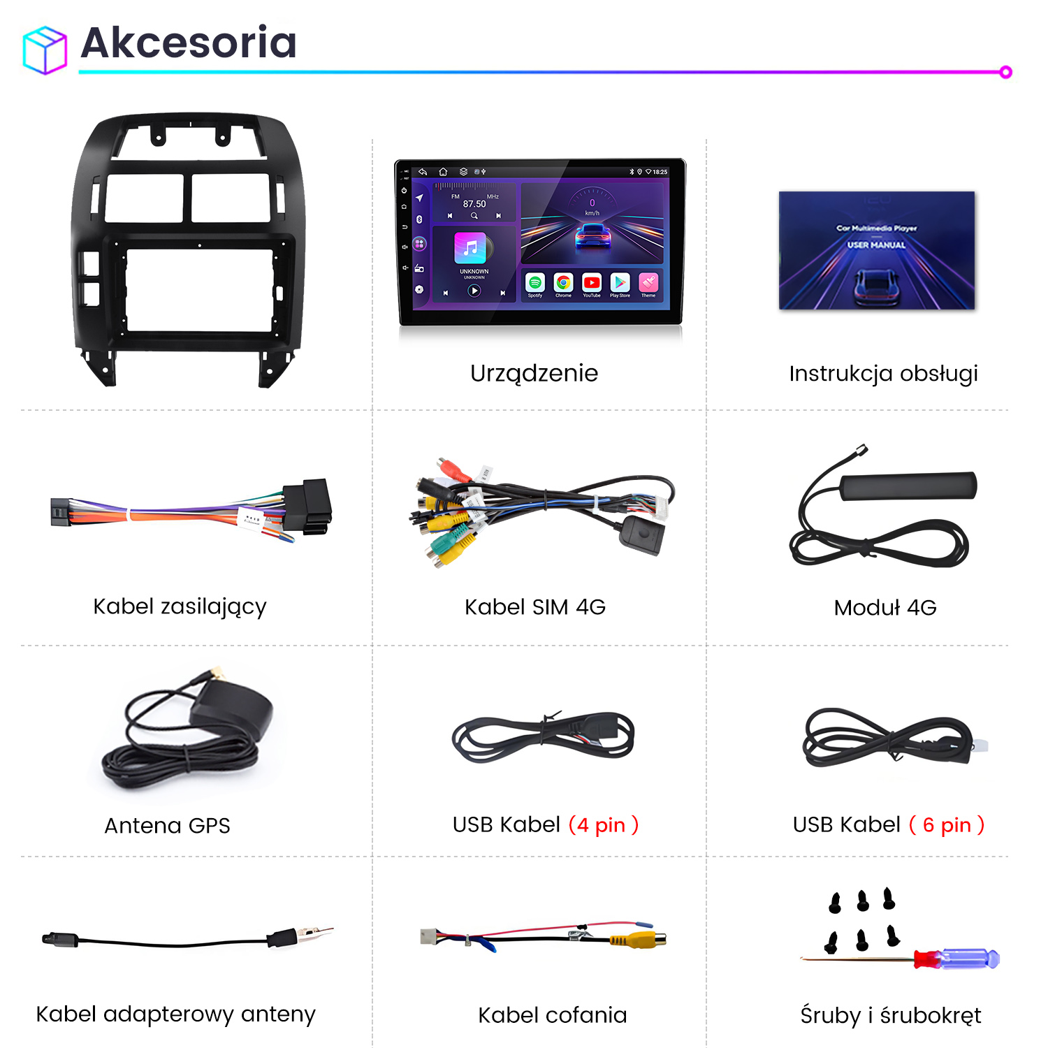 Czarna ramka, radio samochodowe z ekranem dotykowym, instrukcja obsługi, kable i akcesoria.