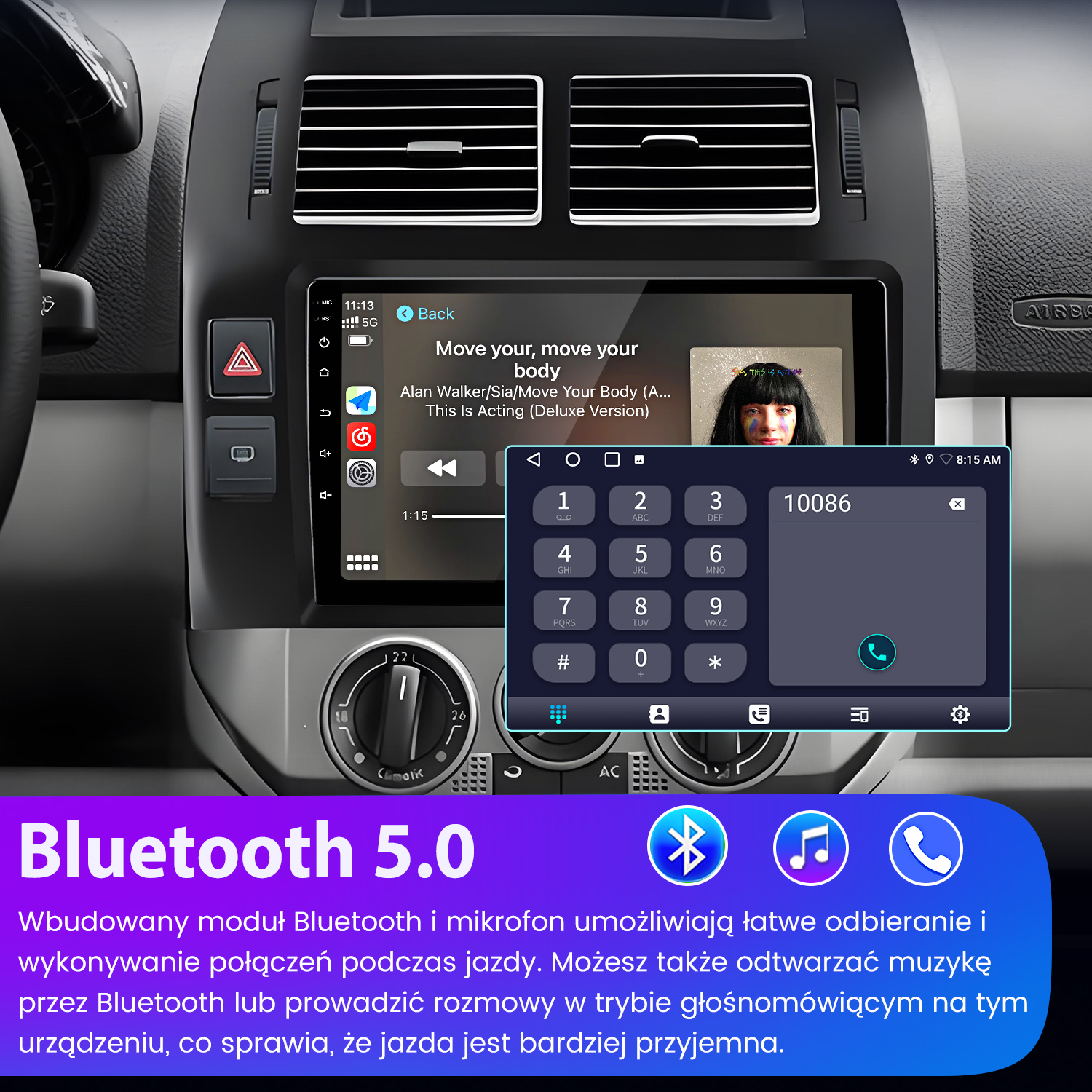 Ekran multimedialny samochodu z aplikacją telefonu, odtwarzaniem muzyki i ikonami Bluetooth.