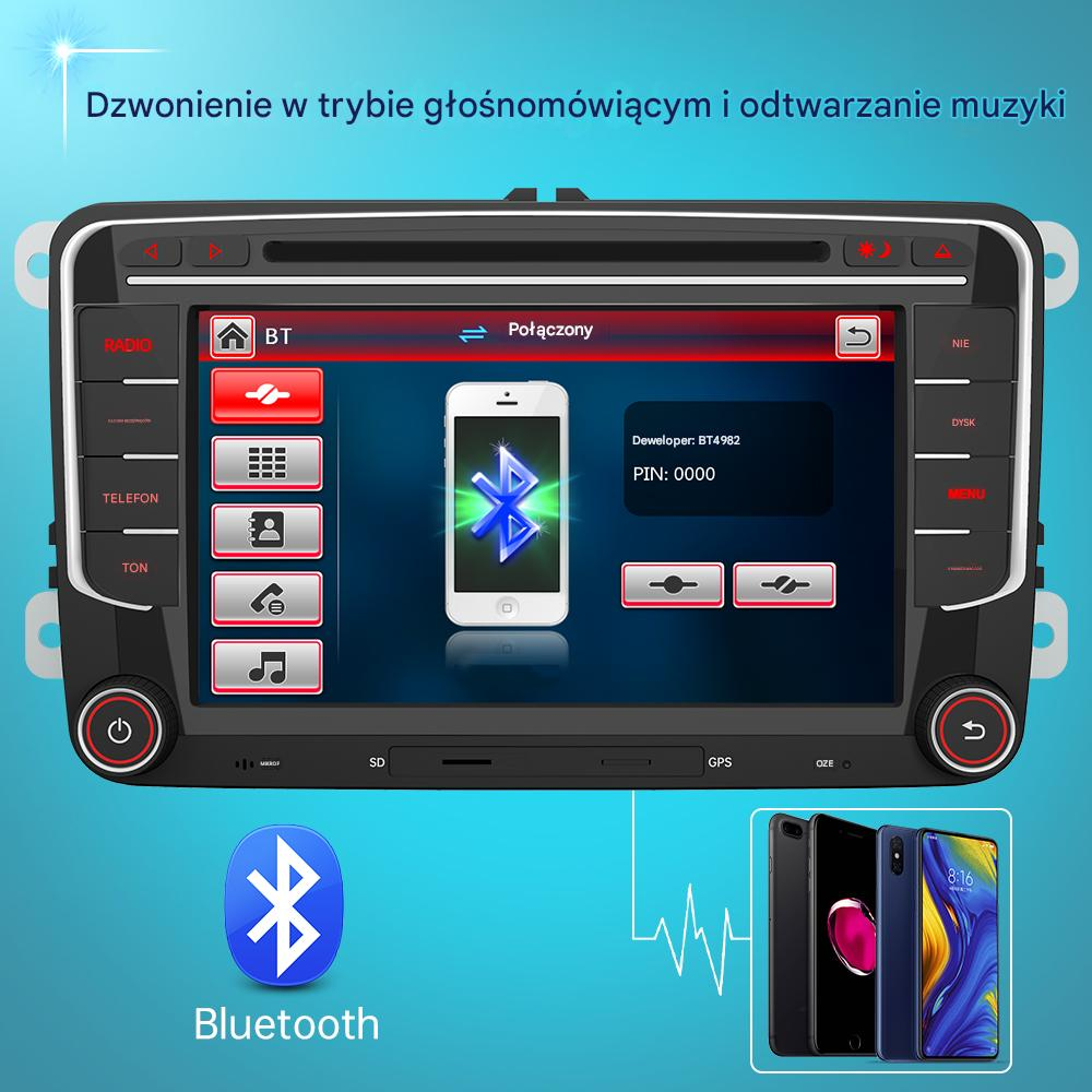 Radio samochodowe wyświetla podłączone połączenie Bluetooth z telefonem.