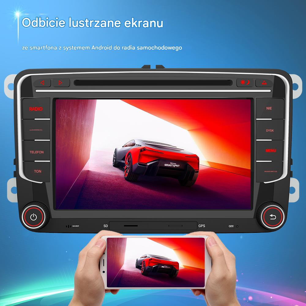 Ekran radia samochodowego wyświetla samochód sportowy, odbity na smartfonie.