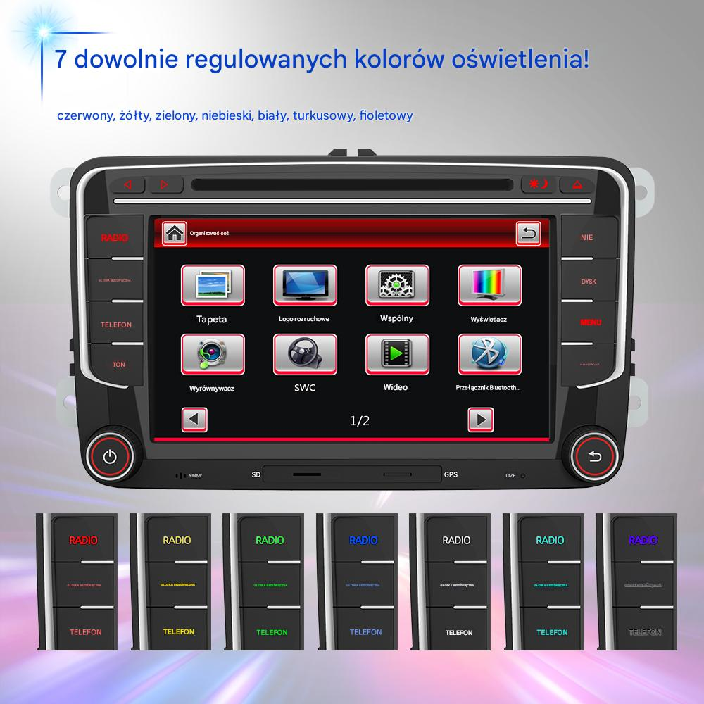 Ekran radia samochodowego z ikonami i siedmioma opcjami kolorów na dole.