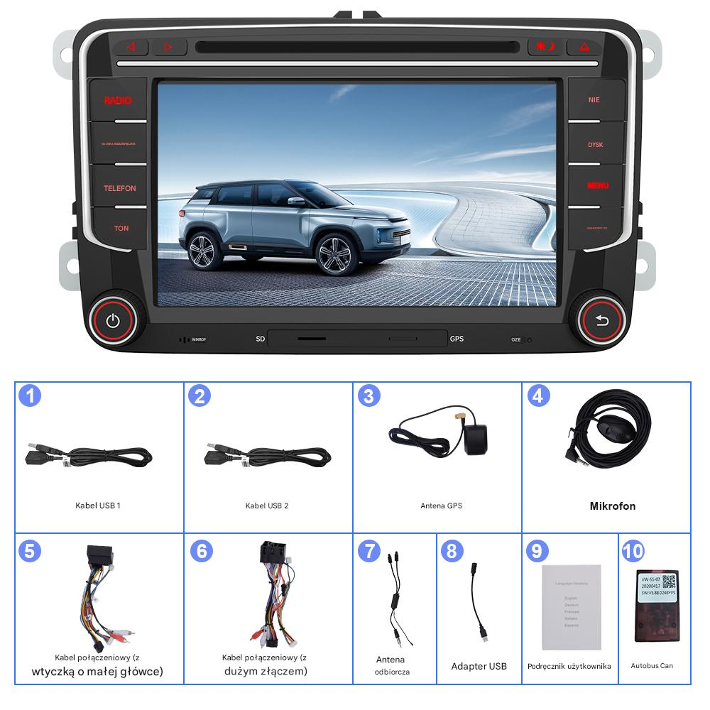 Radio samochodowe z ekranem dotykowym pokazującym samochód; akcesoria poniżej: kable, anteny, mikrofon.