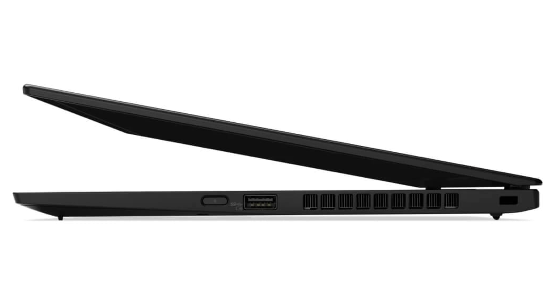 Czarny laptop w profilu, częściowo otwarty, z widocznymi portami.