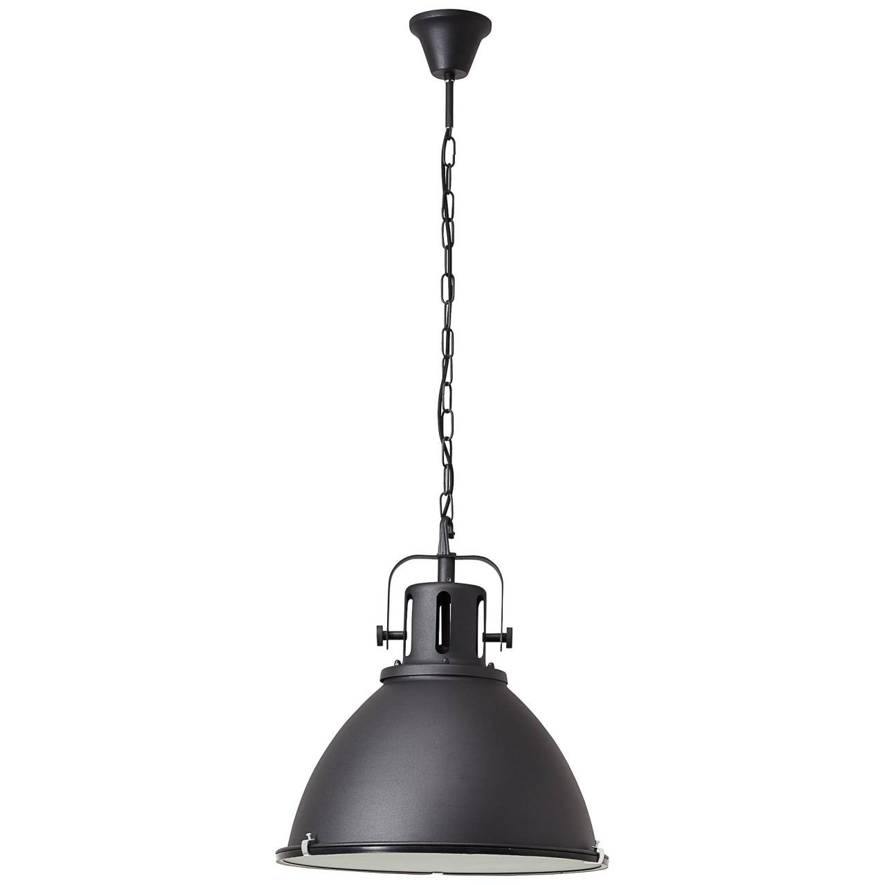 Schwarze Pendelleuchte mit Kette und Kuppelschirm.