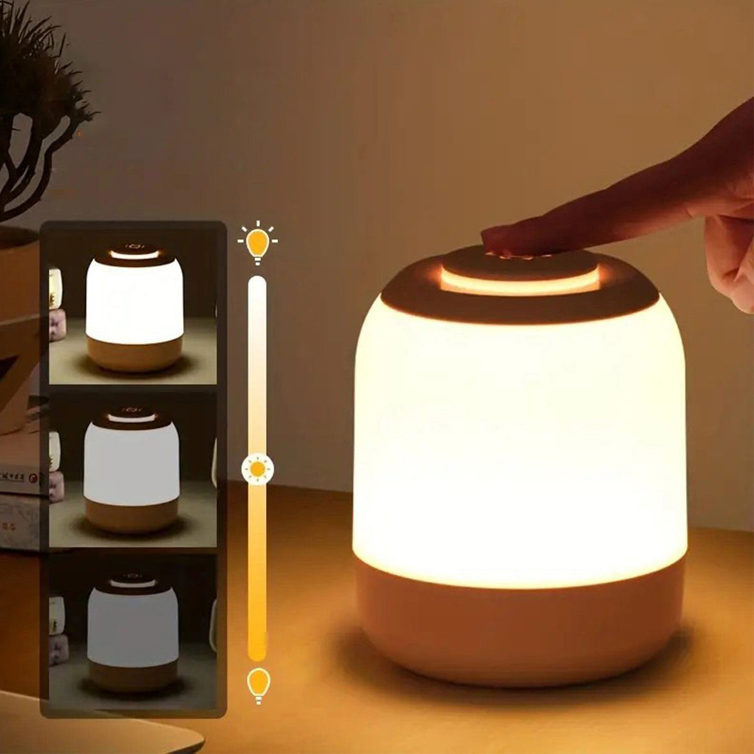 Eine Hand berührt eine runde Nachttischlampe mit verstellbarer Helligkeit.