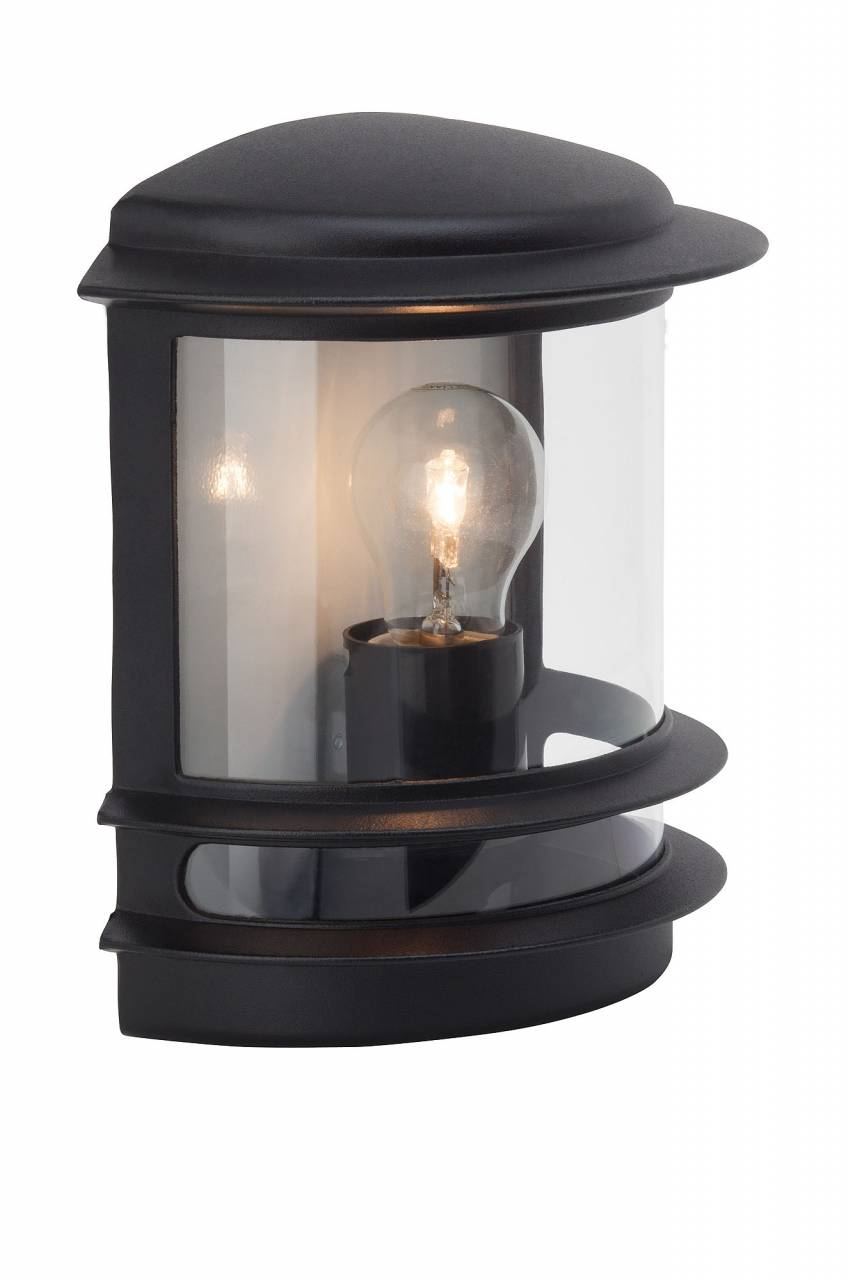 Eine schwarze Außenleuchte mit Glaszylinder und sichtbarer Glühbirne.