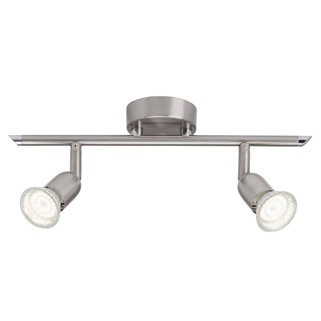 Ein gebürsteter Nickel-Deckenstrahler mit zwei verstellbaren Leuchten.