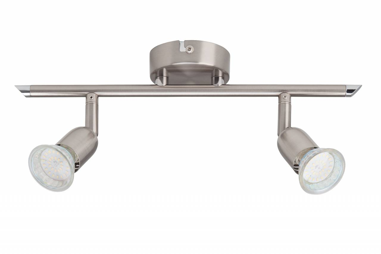 Ein gebürsteter Nickel-Deckenstrahler mit zwei verstellbaren Lichtern.