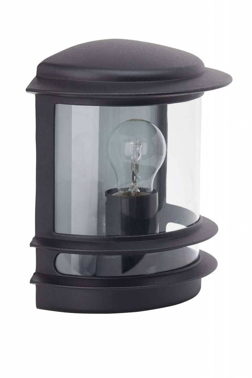 Eine schwarze Außenleuchte mit Glühbirne und klarem Glaszylinder.