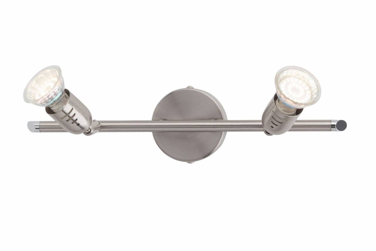 Eine silberne Deckenleuchte mit zwei verstellbaren Spots und weißen LED-Birnen.