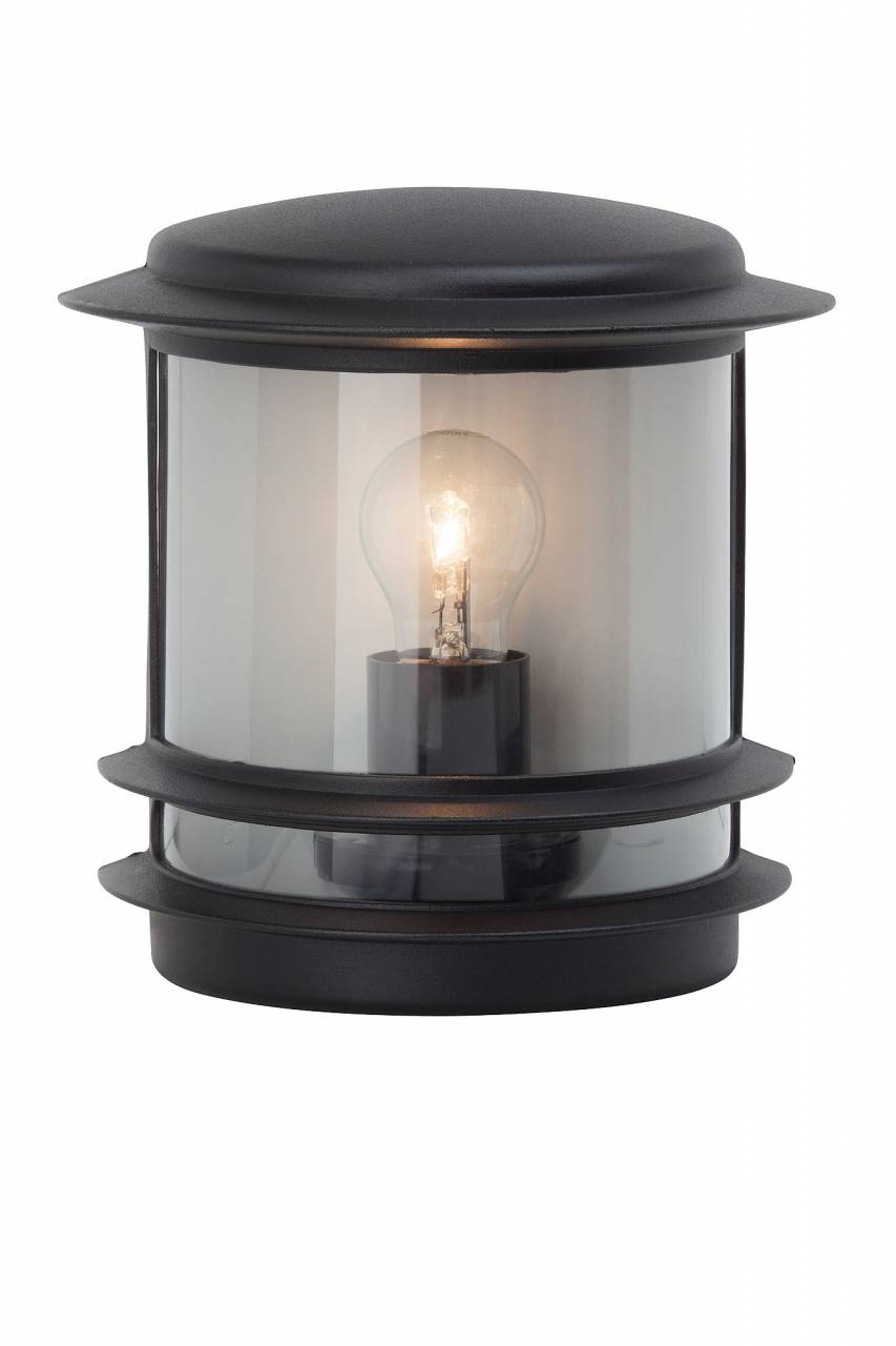 Eine schwarze Laterne mit einem durchsichtigen Glaszylinder und sichtbarer Glühbirne.