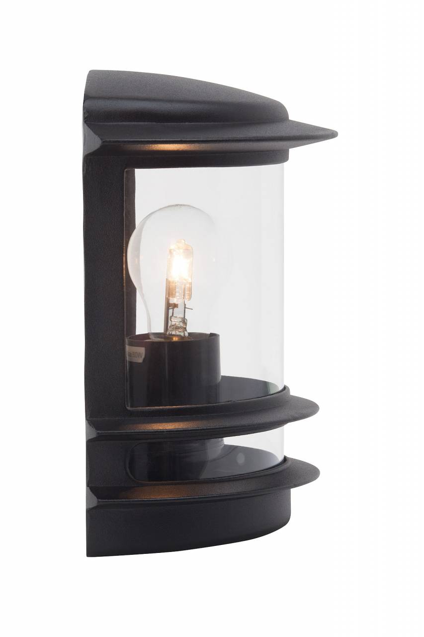 Schwarze Wandleuchte mit Glaszylinder und sichtbarer Glühbirne.