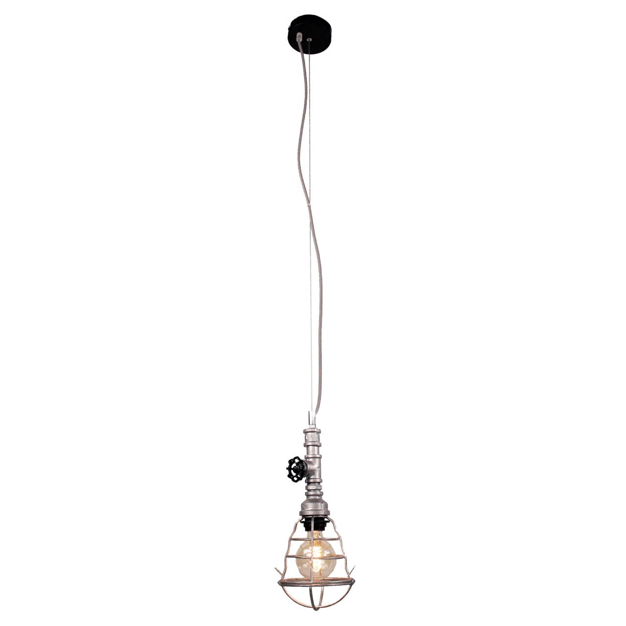 Eine hängende Lampe im Industriestil mit Glühbirne und Metallkäfig.