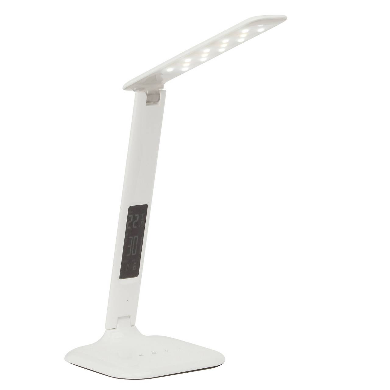 Eine weiße LED-Schreibtischlampe mit einstellbarem Arm und digitaler Anzeige.