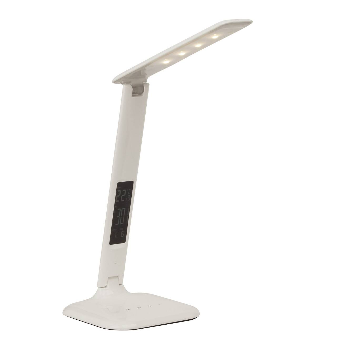 Moderne weiße Schreibtischlampe mit LED-Licht und Digitalanzeige.