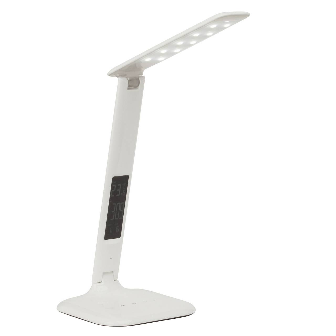 Eine weiße LED-Schreibtischlampe mit Display, das Uhrzeit und Temperatur anzeigt.