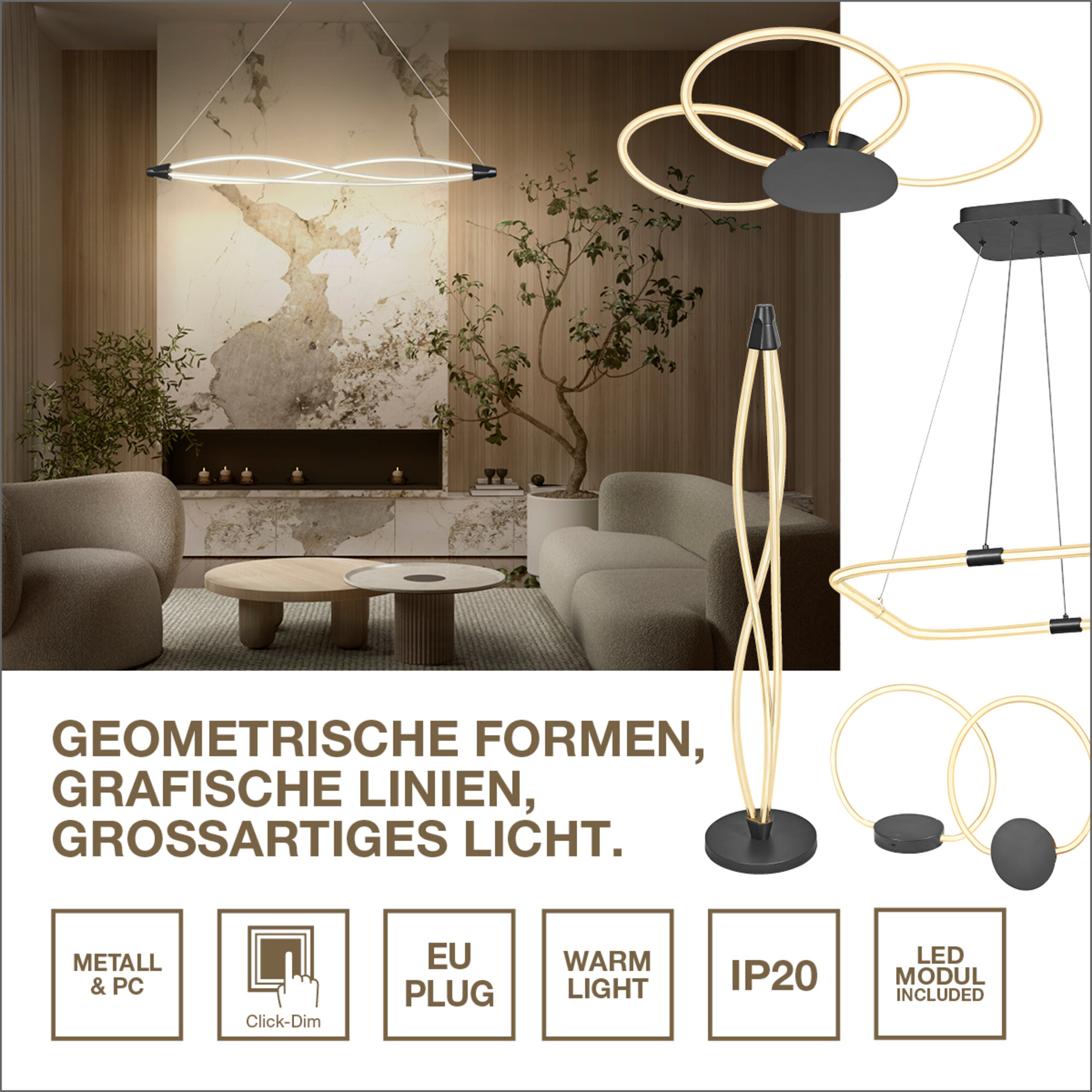 Moderne Lampen mit geometrischen Formen und warmem Licht, Metall & PC, EU-Stecker, IP20.