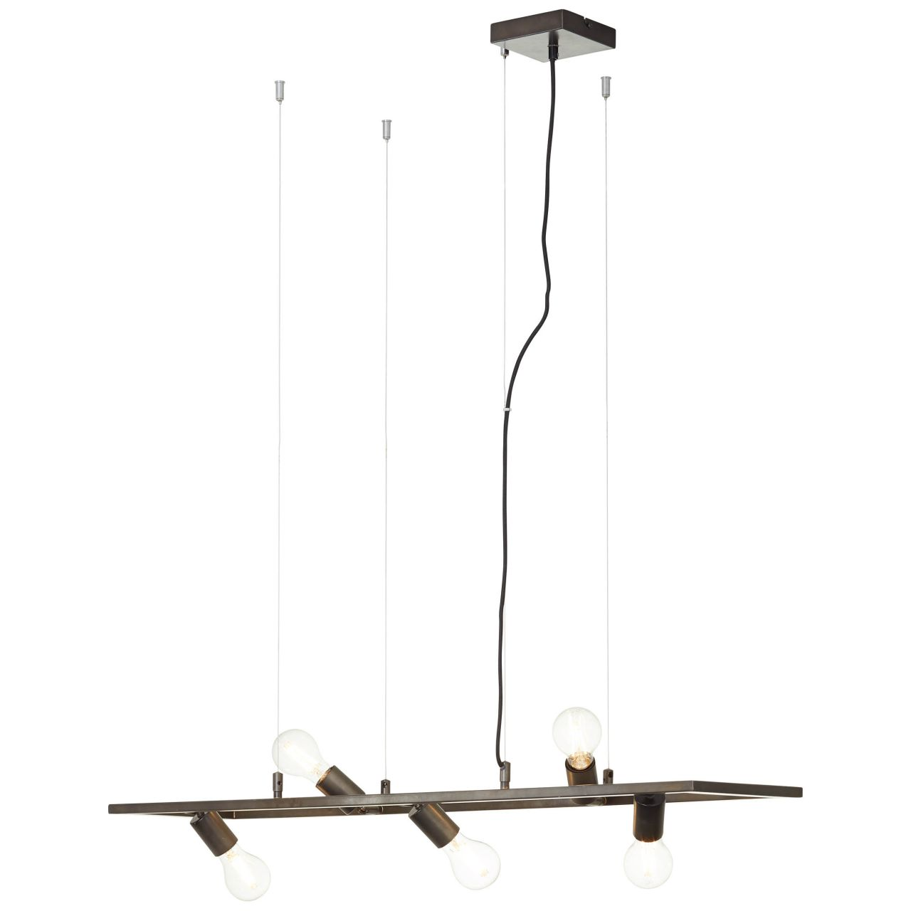 Eine moderne Pendelleuchte mit fünf Glühbirnen auf einem rechteckigen Metallrahmen.