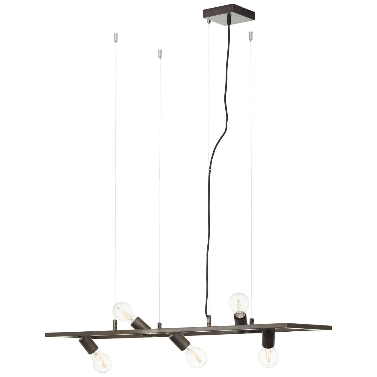 Eine moderne Pendelleuchte mit vier Glühbirnen auf einem dunklen Metallrahmen.
