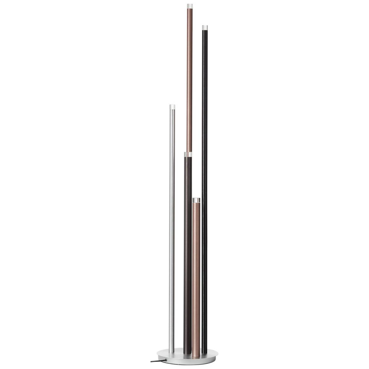 Moderner Stehleuchte mit vier schlanken Röhren in Silber, Bronze und Schwarz.