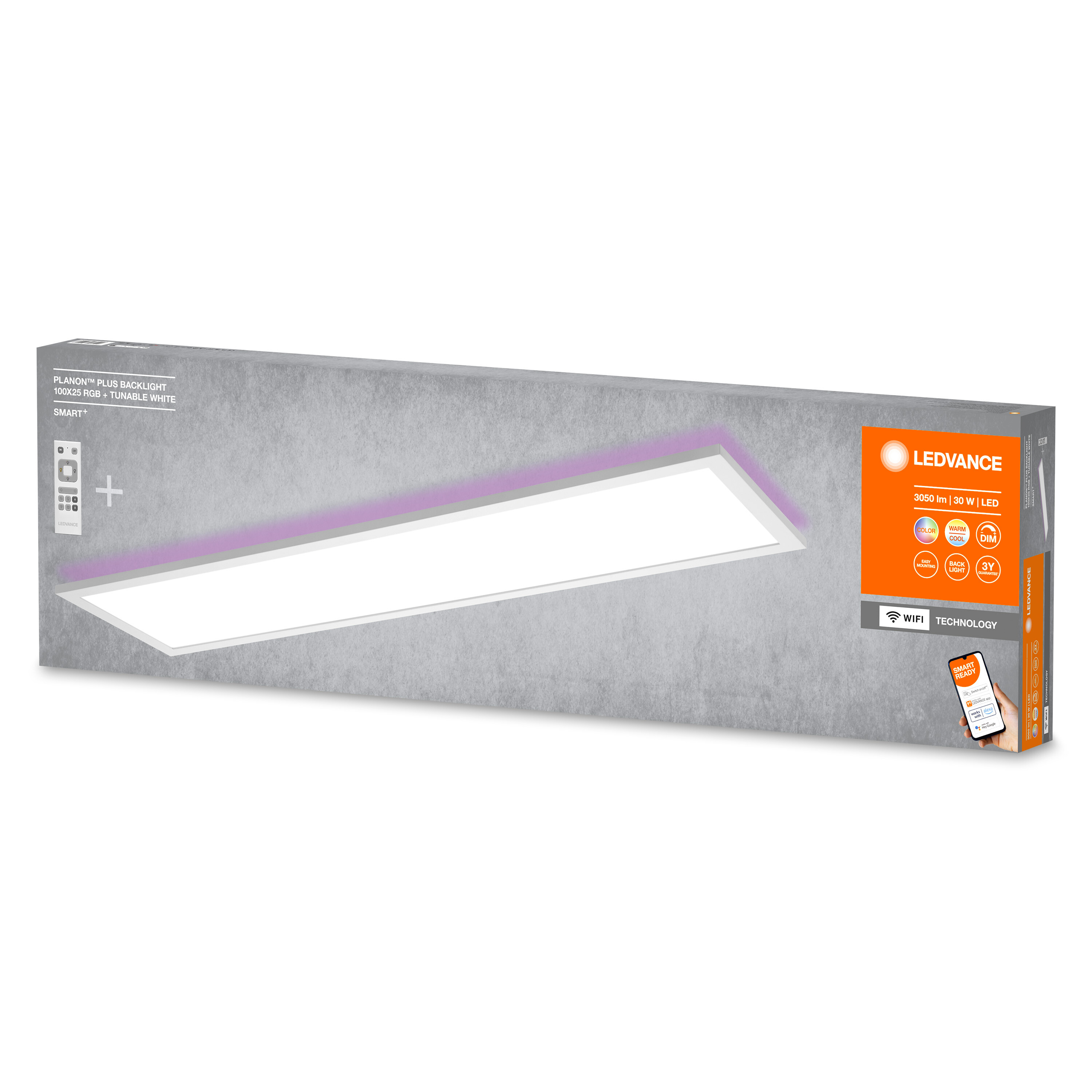 LEDVANCE Panel mit Fernbedienung, lila Rand, auf Kartonverpackung.