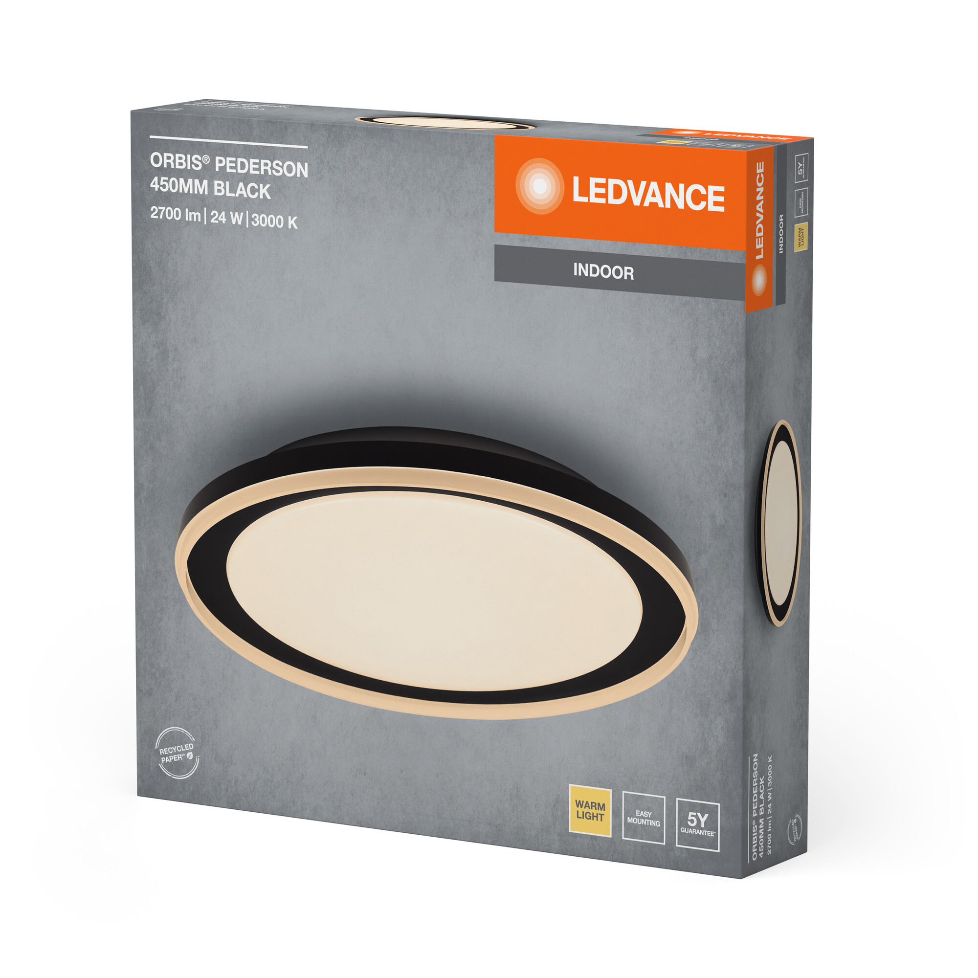 Verpackung einer schwarzen LEDVANCE Deckenleuchte mit goldfarbenem Ring.