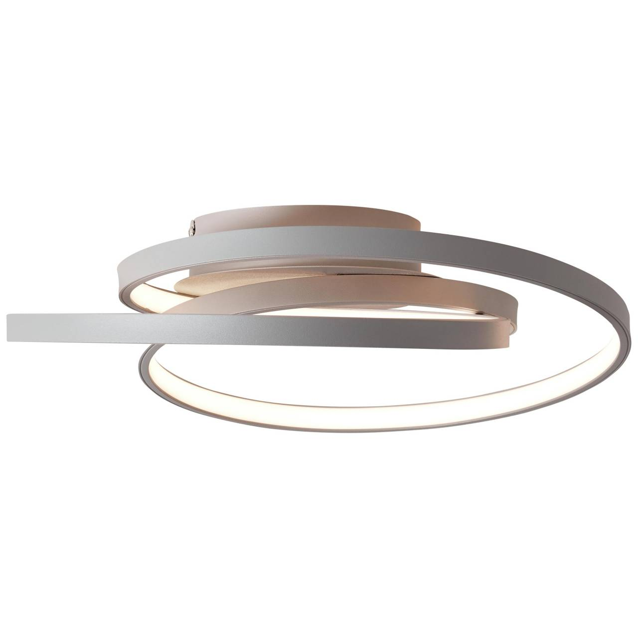 Eine moderne, spiralförmige Deckenleuchte in Weiß und Grau mit integriertem LED-Licht.
