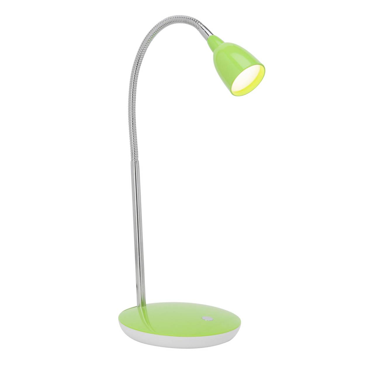 Eine grüne Schreibtischlampe mit flexiblem Silberarm und rundem Sockel.