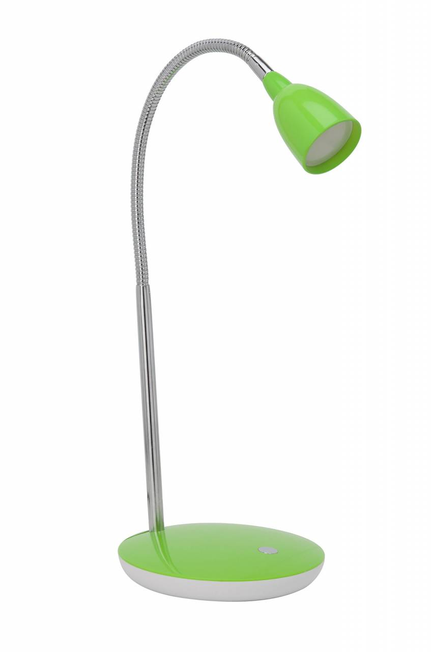 Grüne Schreibtischlampe mit flexiblem Arm und silbernem Ständer auf weißem Hintergrund.